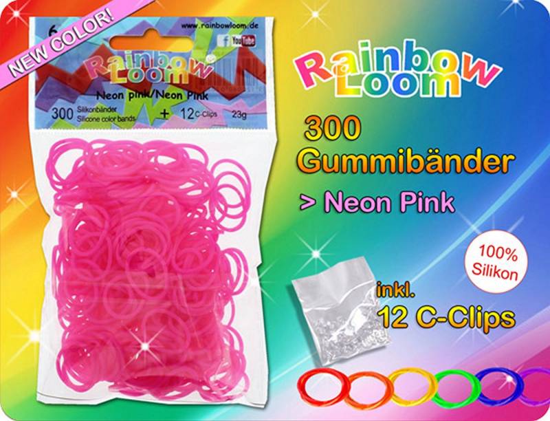 C&T Handels GmbH Gummibänder Rainbow Loom / 300 Gummibänder + 12 Clips / Farbe: neon-pink von C&T Handels GmbH