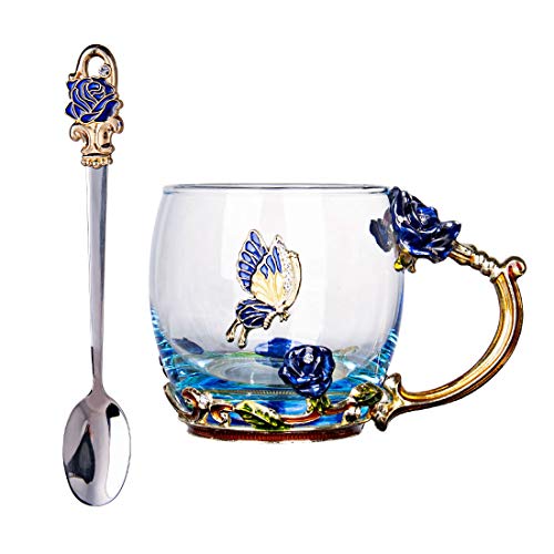 C&Z Emaille-Glastasse mit Schmetterlings-Blume, bleifreies Trinken, Teetasse, Kaffeetassen mit Stahllöffel, Set für Frauen, Geburtstag, Valentinstag, Hochzeit, Geschenk, Blau C&Z Emaille-Glastasse mit Schmetterlings-Blume, bleifreies Trinken, Teetasse, Kaffeetassen mit Stahllöffel, Set für Frauen, Geburtstag, Valentinstag, Hochzeit, Geschenk, Blau von C&Z