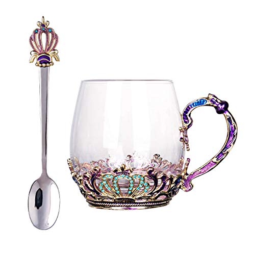 C&Z Emaille-Glasbecher Schmetterling Blume bleifrei trinken Teetasse Kaffee Tassen mit Stahllöffel Set für Frauen Geburtstag Valentinstag Hochzeit Geschenke lila von C&Z