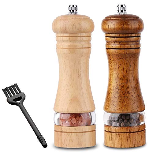 C100AE 2er Set Salz und Pfeffermühle Holz Manuelle Salzmühle Gewürzmühle mit Einstellbar Keramikmahlwerk Salz und Pfeffer Mühle Nachfüllbar mit Reinigungspinsel (Höhe 16,5 cm) von C100AE