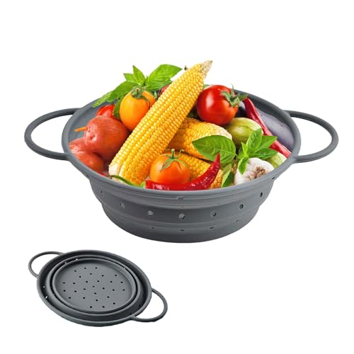 Faltbarer Seiher Sieb, 21,5 cm Silikon Faltbarer Nudelsieb, Klappbar Abtropfsieb, Küchensieb Abwaschschüssel Faltbarer, für Haus, Küche, Grau von CAAGGMM