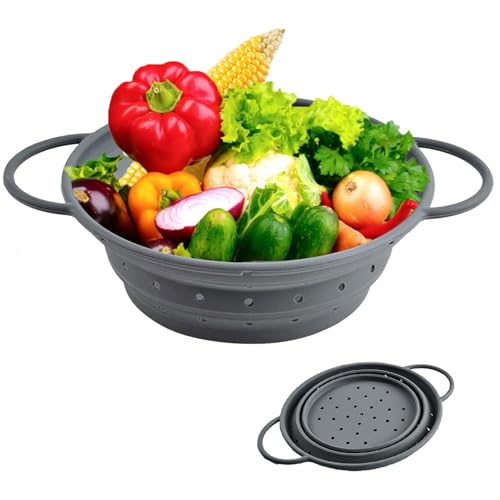 Faltbarer Seiher Sieb, 25 cm Silikon Faltbarer Nudelsieb, Küchen Sieb Mit Griff, Faltbares Abtropfsieb, für Esszimmer, Wohnküche, Camping, Grau von CAAGGMM
