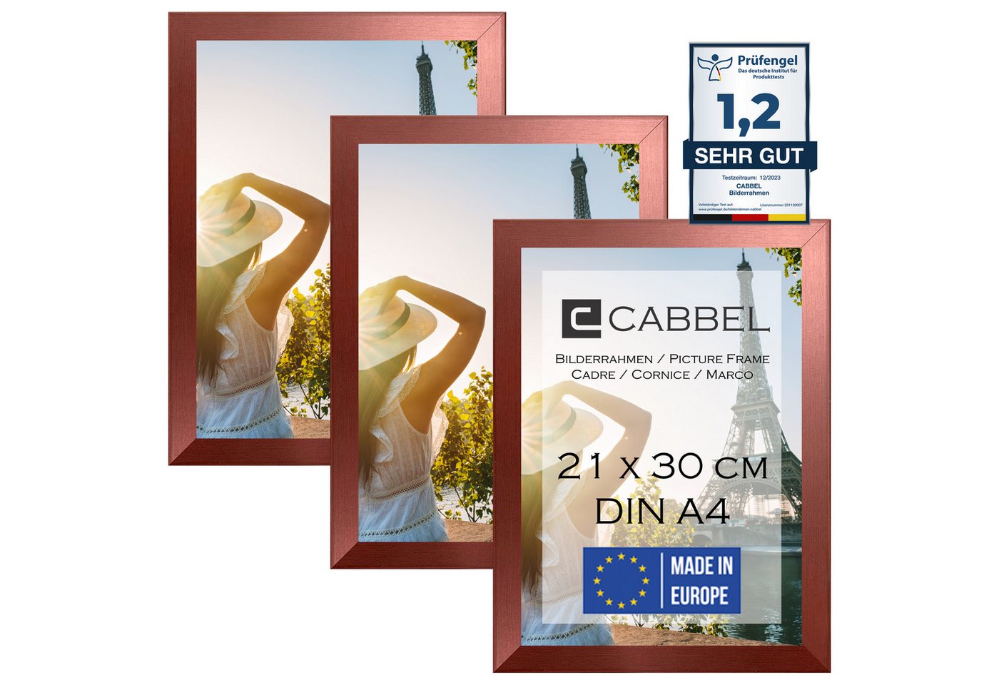 CABBEL Bilderrahmen MDF Holz-Rahmen, Acrylglas, Collagen, Portraits, Bilder-Foto, Urkunden, für 3 Bilder (Spar-Set), 3er Set Bilderrahmen 21x30 (A4) in Rose Gold, Modern, Schmal, Fotorahmen, Ideal für Fotogalerie, Wanddeko, Lifestyle von CABBEL