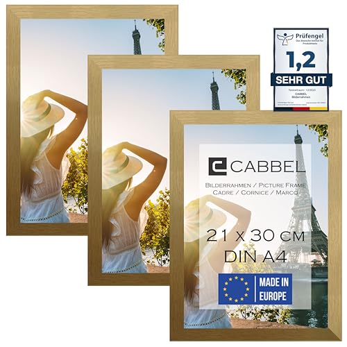 CABBEL Dreierpack (3 Stk.) Bilderrahmen DIN A4 21x30 MDF Holz-Rahmen in Gold | mit bruchsicherem Plexi-Glas/Modern von CABBEL