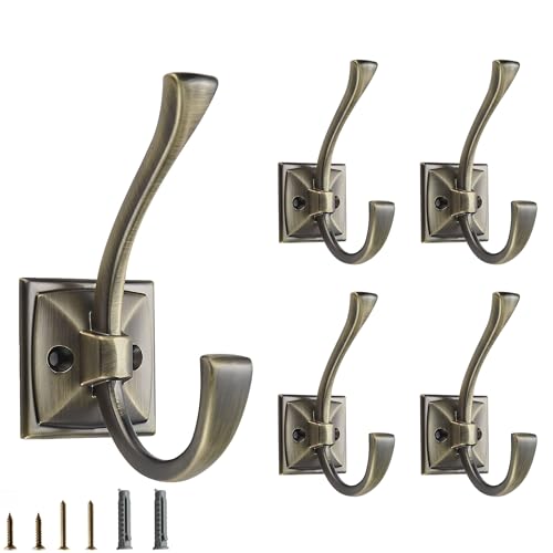 CABDM Dekorative robuste Handtuchhaken zum Aufhängen von Bademänteln, doppelt gebürstetes antikes Messing, Wandmontage, mit Schrauben für Schlüssel, Handtücher, Taschen, Tassen, Hüte, 5 Stück von CABDM
