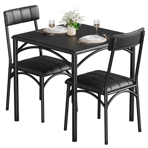 CABIHOME Kleiner Esstisch Set für 2 mit Kissenstühlen, 3-teiliger Küchentisch und Polsterstühlen für Küche Wohnung Esszimmer Kleiner Raum, Schwarz von CABIHOME