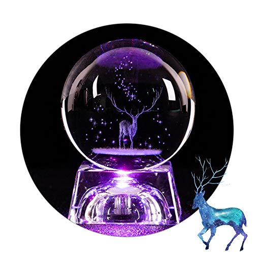 3D Elch Kristallkugel 80mm Glaskugel Fotografie K9 Glas Lensball mit LED-Lichtbasis 3D-Lasergravur Crystal Ball Home Dekoration Geburtstags Weihnachten Geschenk von CABINA HOME