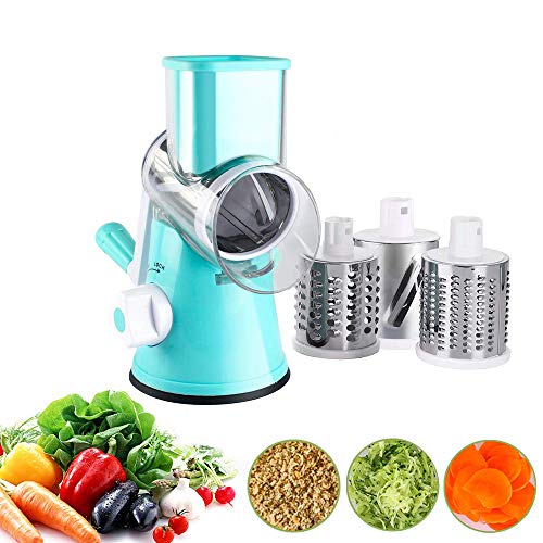 CABINA HOME Manuelle Gemüseschneider Gemüsehobel 3 in 1 Multi-Funktions Trommelreibe Veggie Chopper Rotary Drum Reibe Trommelreibe Käsemühle Mit 3 Edelstahl Schneidtrommeln (Blau) von CABINA HOME