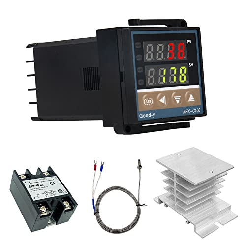 PID Digital Temperaturregler REX-C100, 0 ℃ ~ 1300 ℃ AC Intelligente Temperaturregler Kits, Digital PID Thermostat mit SSR-40DA Halbleiterrelais, K-Typ Thermoelement und Kühlkörper von CABINA HOME