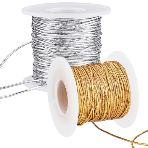CABODYALS 20 m 1mm Gold Und Silbermetallische Elastische Schnur Runde Kordel Faden Seil Weihnachtsschmuckschnur Zum Nähen Herstellen von Armbändern Perlen Hängeetiketten Dekor Geschenkbox Verpacken DI von CABODYALS
