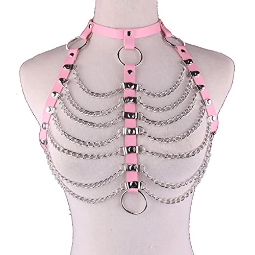 2023 PU-Ledergeschirr Goth Punk Multilayer-Ketten Bondage Neckholder Strandkragen Gothic Taille Schulter Körperhalskette für Frauen-P148 Pink von CABULE