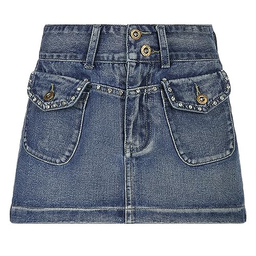 CABULE Vintage Jeansrock Damen Mini Jeansrock Cyber ​​Pocket Punk Retro Clubwear Hippie Blau Gerade Kurzer Skaterrock-1-L von CABULE