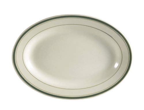 CAC China GS-12 10-3/8-Inch by 7-1/8-Inch Greenbrier Green Band Stoneware Oval Platter, American White, Box of 24 von CAC China
