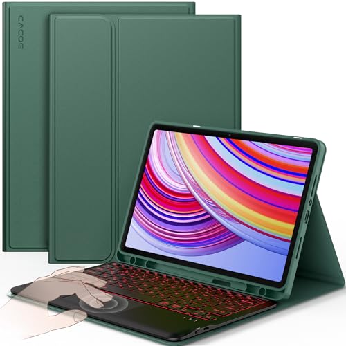 CACOE Hülle Tastatur Kompatibel mit Redmi Pad Pro 12.1 / Xiaomi Poco Pad 12.1 2024, Kompatibel mit Touchpad, 7-Farbige Beleuchtung Abnehmbare Kabellose [QWERTY Spanisch] Tastatur, Dunkelgrün von CACOE