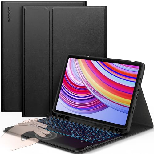 CACOE Hülle Tastatur Kompatibel mit Redmi Pad Pro 12.1 / Xiaomi Poco Pad 12.1 2024 Kompatibel mit Touchpad, 7-Farbige Beleuchtung Abnehmbare Kabellose QWERTZ-Tastatur, Schwarz von CACOE