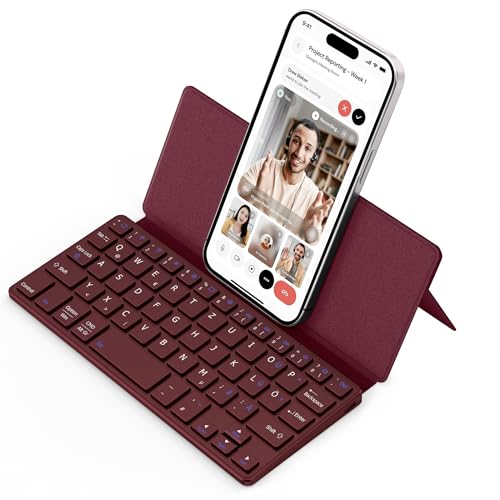 CACOE Mini Bluetooth Tastatur mit Ständer für Handy, Ultraflache Tragbare, Faltbare, Dual-Channel QWERTZ Tastatur mit Stellhalterung für Smartphone und mehr iOS Android Windows, Rotwein CACOE Mini Bluetooth Tastatur mit Ständer für Handy, Ultraflache Tragbare, Faltbare, Dual-Channel QWERTZ Tastatur mit Stellhalterung für Smartphone und mehr iOS Android Windows, Rotwein von CACOE
