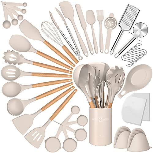 Silikon-Kochutensilien-Set, 34-teilig, antihaftbeschichtet, hitzebeständig, Küchenutensilien, Pfannenwender-Set mit Holzgriff zum Backen, Kochen und Mischen, beste Küchenhelfer mit Halterung (Khaki) von CACOLES