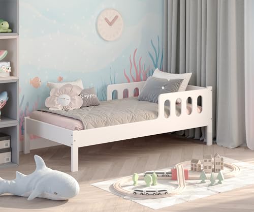 CADANI Finn Kinderbett 80x160 cm-Jugendbett weiß, 23 kg schwer, bis 150 kg belastbar, extra starker Roll-Lattenrost, halboffen von CADANI