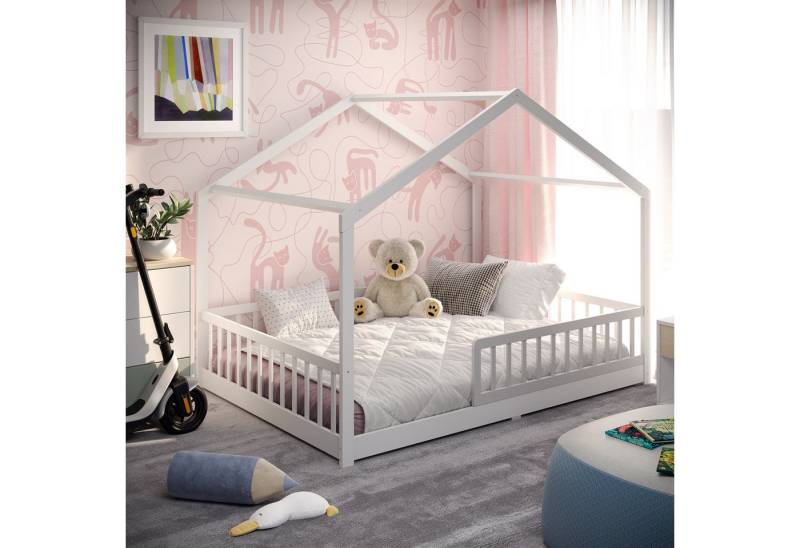 CADANI Kinderbett Malte Bodenbett Hausbett weiß (Rausfallschutz abnehmbar), Bodenbett Hausbett mit Roll-Lattenrost von CADANI