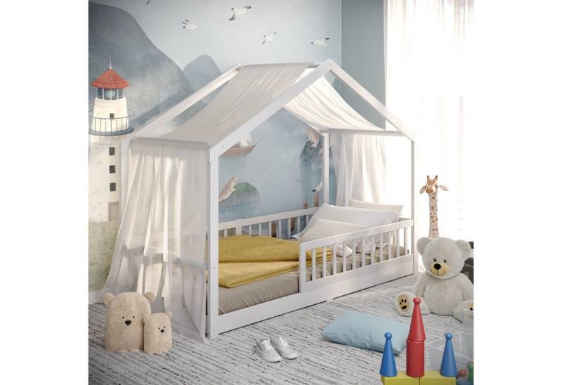 CADANI Kinderbett Malte Bodenbett Hausbett weiß (Rausfallschutz abnehmbar), Bodenbett Hausbett mit Roll-Lattenrost von CADANI