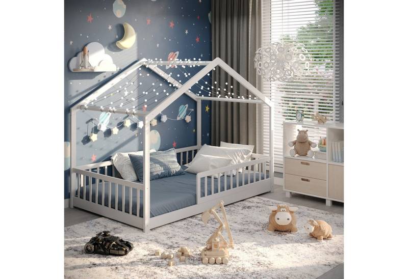 CADANI Kinderbett Malte Bodenbett Hausbett weiß (Rausfallschutz abnehmbar), Bodenbett Hausbett mit Roll-Lattenrost von CADANI