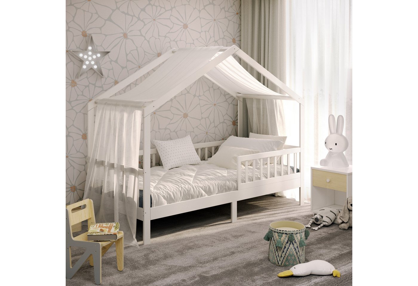 CADANI Kinderbett Hausbett Davi (Rausfallschutz abnehmbar), Bodenbett Hausbett mit Roll-Lattenrost von CADANI
