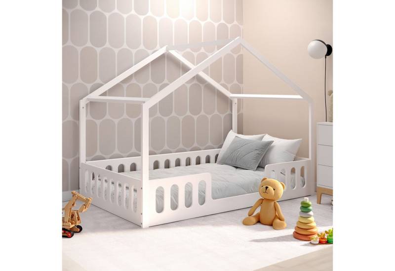CADANI Kinderbett Janne weiß (inklusive einer Umbauseite), Bodenbett, einfache Montage, Hausbett, integrierter Lattenrost, Montessori von CADANI