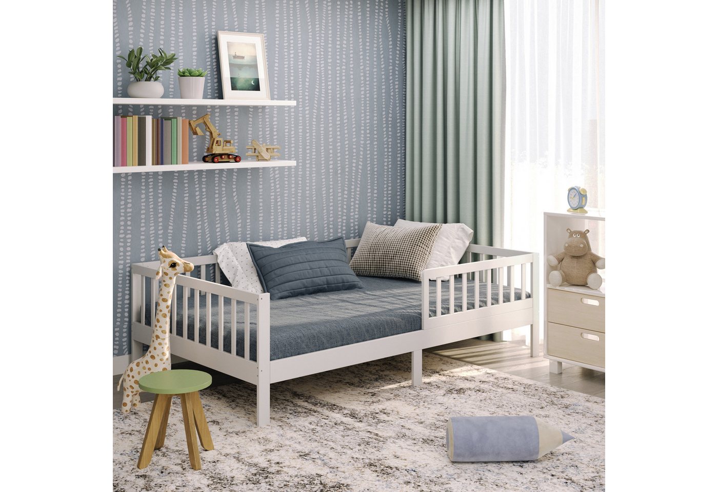 CADANI Kinderbett Nik (Rausfallschutz abnehmbar), Klassik Jugendbett mit Roll-Lattenrost von CADANI