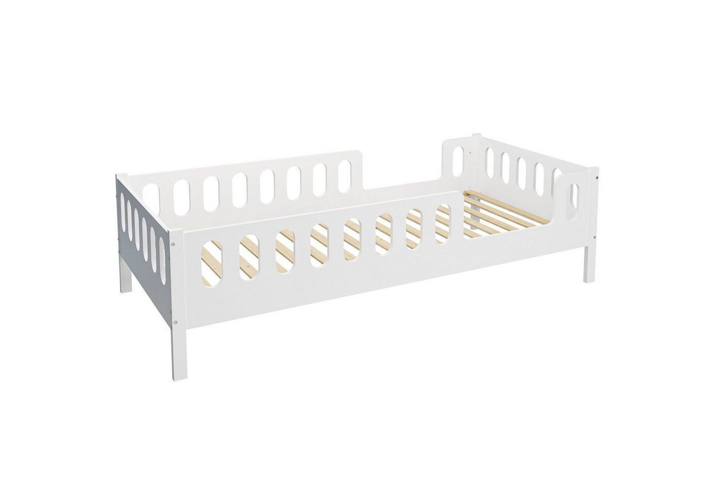 CADANI Kinderbett LARS 200x90 cm - Weiß (abnehmbarer Rausfallschutz), Bodenbett, einfache Montage, integrierter Lattenrost, Montessori von CADANI