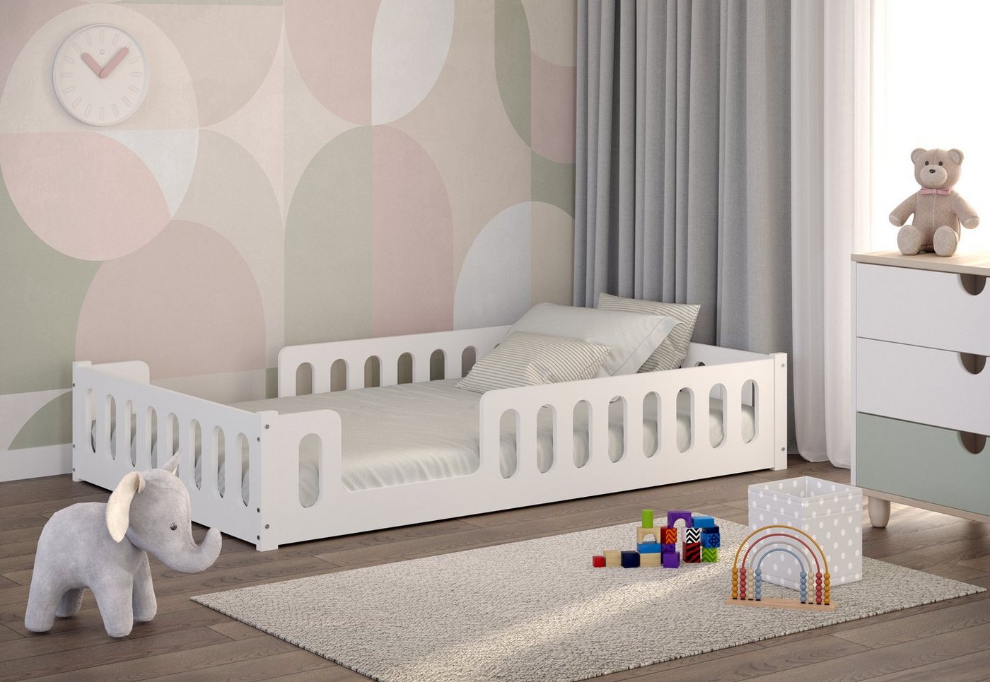 CADANI Kinderbett Monte 80x160 cm - 140x200 cm weiß (120x200, abnehmbarer Rausfallschutz), Bodenbett von CADANI