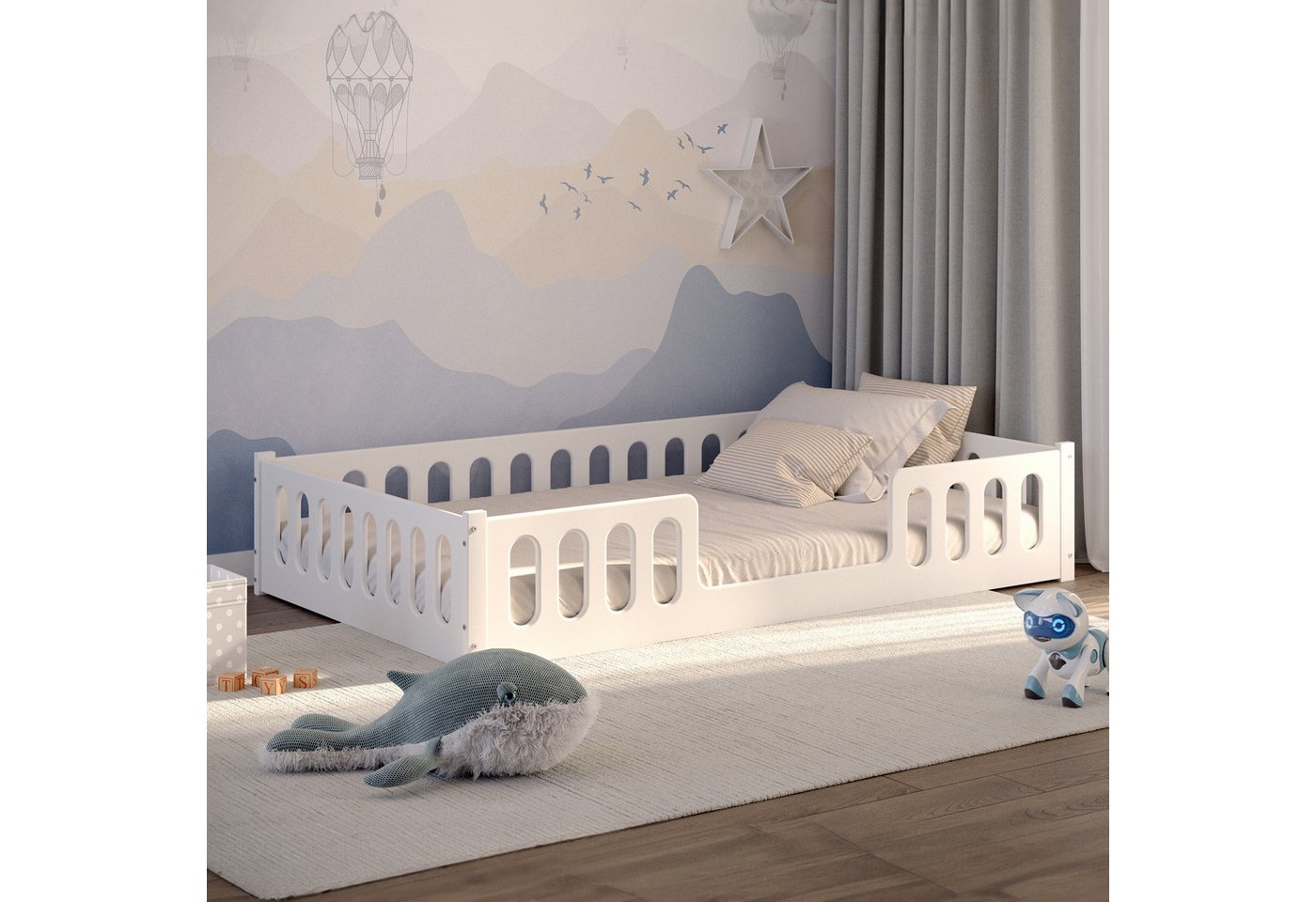 CADANI Kinderbett Monte weiss (abnehmbarer Rausfallschutz), Bodenbett, einfache Montage, integrierter Lattenrost, Montessori von CADANI