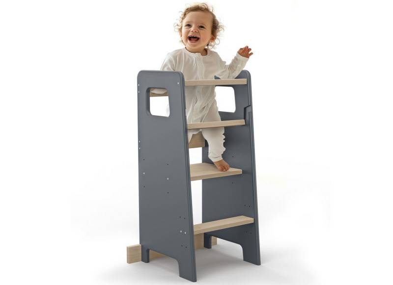 CADANI Stehhilfe Lernturm Jasper Küchenhelfer für Kinder (mit Anti Kipp Schutz), ab 1. Jahr Massivholz bis 50 kg belastbar Höhenverstellbar Made in EU von CADANI