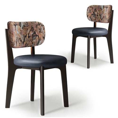 CADEHUB Esszimmerstühle im Mid-Century-Modern-Stil, Esszimmerstühle aus Massivholz 2er-Set, Sitzpolster aus hochdichtem Schaumstoff und geschwungene Rückenlehne Black Blue Leather+Bird Pattern von CADEHUB
