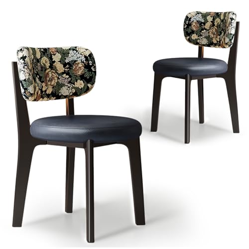 CADEHUB Esszimmerstühle im Mid-Century-Modern-Stil, Esszimmerstühle aus Massivholz 2er-Set, Sitzpolster aus hochdichtem Schaumstoff und geschwungene Rückenlehne Black Blue Leather+Floral Pattern CADEHUB Esszimmerstühle im Mid-Century-Modern-Stil, Esszimmerstühle aus Massivholz 2er-Set, Sitzpolster aus hochdichtem Schaumstoff und geschwungene Rückenlehne Black Blue Leather+Floral Pattern von CADEHUB