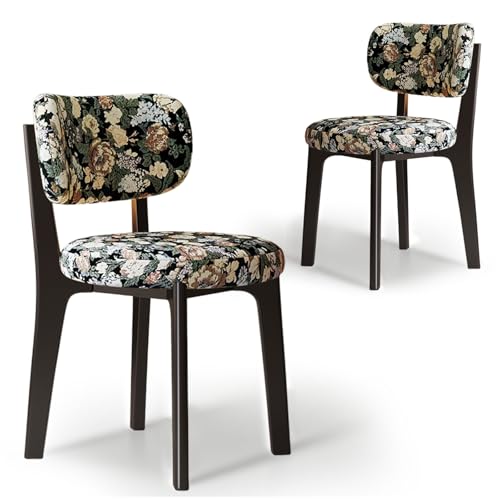 CADEHUB Esszimmerstühle im Mid-Century-Modern-Stil, Esszimmerstühle aus Massivholz 2er-Set, Sitzpolster aus hochdichtem Schaumstoff und geschwungene Rückenlehne Black Floral Pattern von CADEHUB