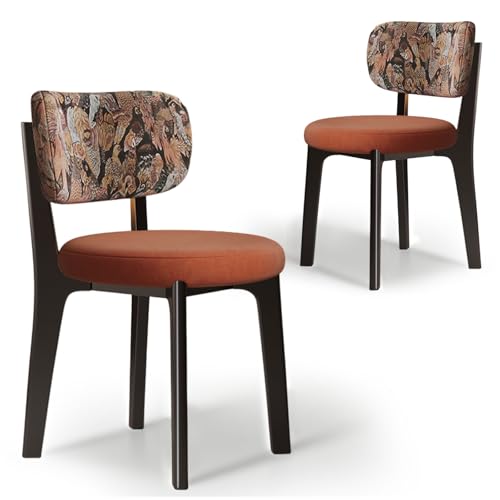 CADEHUB Esszimmerstühle im Mid-Century-Modern-Stil, Esszimmerstühle aus Massivholz 2er-Set, Sitzpolster aus hochdichtem Schaumstoff und geschwungene Rückenlehne Black Orange Leather+Bird Pattern CADEHUB Esszimmerstühle im Mid-Century-Modern-Stil, Esszimmerstühle aus Massivholz 2er-Set, Sitzpolster aus hochdichtem Schaumstoff und geschwungene Rückenlehne Black Orange Leather+Bird Pattern von CADEHUB