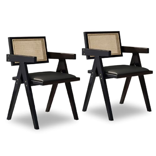 Rattan-Esszimmerstühle, 2er-Set, Leder-/Rattan-Sitzkissen, mit Armlehnen, V-förmiges Design, Esszimmerstühle im europäischen Retro-Landhausstil für Küche, Restaurant und Café Black Style 1 von CADEHUB