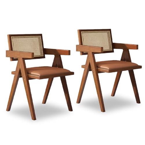 Rattan-Esszimmerstühle, 2er-Set, Leder-/Rattan-Sitzkissen, mit Armlehnen, V-förmiges Design, Esszimmerstühle im europäischen Retro-Landhausstil für Küche, Restaurant und Café Dark Walnut Style 1 von CADEHUB