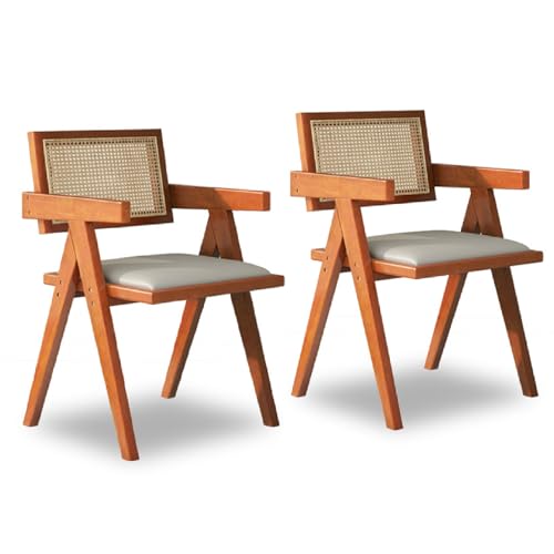 Rattan-Esszimmerstühle, 2er-Set, Leder-/Rattan-Sitzkissen, mit Armlehnen, V-förmiges Design, Esszimmerstühle im europäischen Retro-Landhausstil für Küche, Restaurant und Café Light Walnut Style 1 von CADEHUB