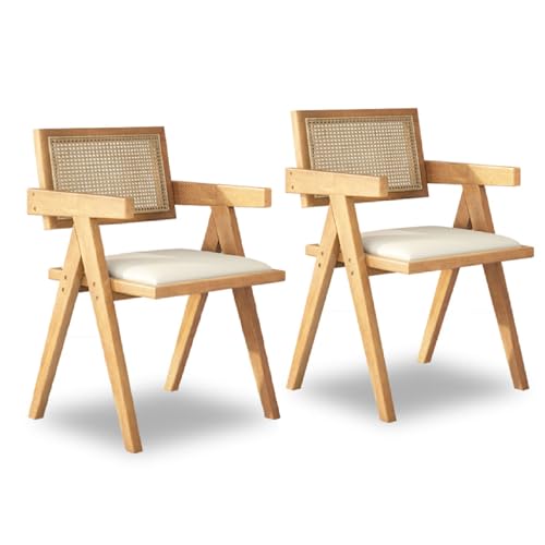 Rattan-Esszimmerstühle, 2er-Set, Leder-/Rattan-Sitzkissen, mit Armlehnen, V-förmiges Design, Esszimmerstühle im europäischen Retro-Landhausstil für Küche, Restaurant und Café Wood Style 1 von CADEHUB