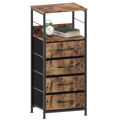 CADUKE Kommode mit 4 Schubladen, Schrank mit Schubladen aus Stoff, Aufbewahrungsschrank mit Metallgestell für Schlafzimmer Wohnzimmer Flur, Rustikales Braun von CADUKE