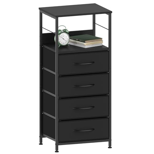 CADUKE Stoffkommode mit 4 Stoff-Schubladen, Schrank mit Schubladen und Metallgestell, schmaler Aufbewahrungsschrank für Wohnzimmer Schlafzimmer Büro, Schwarz von CADUKE