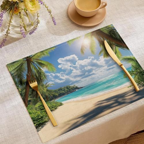 4 Stück Tischsets Esstisch Platzsets Strand Muster Waschbare Platzset Esszimmer Tischsets Leinen Palmen Platzmatten Tischdekorations Platzdeckchen 45x30cm von CAEITLRSO