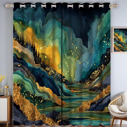 Abstrakt Wirbel Verdunkelungsvorhang - Blau Cyan Vorhang Blickdicht mit Ösen, Luxus Natur-Design Geräuschreduzierend Thermovorhang für Wohnzimmer Schlafzimmer, H 166 x B 75 cm (2er Pack) von CAEITLRSO