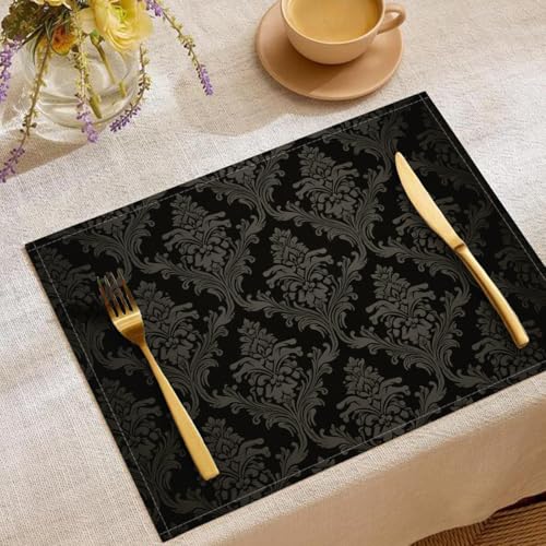 Abwaschbar Tischsets mitDamast Muster, 30 x 45 cm, Elegant Raffiniert, dekorativ Leinen waschbar Platzsets für Urlaub Party Küche Esstisch Dekoration, 6 (Schwarz) von CAEITLRSO