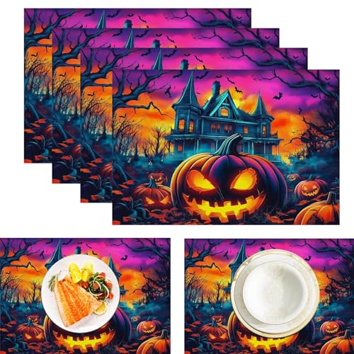 Alt Spukhaus Platzdeckchen aus Leinen, wasserdicht, waschbar, hitzebeständig, 4 Stück, Böse Kürbis für ESS-/Küchentisch, Orange Lila 30x45cm Alt Spukhaus Platzdeckchen aus Leinen, wasserdicht, waschbar, hitzebeständig, 4 Stück, Böse Kürbis für ESS-/Küchentisch, Orange Lila 30x45cm von CAEITLRSO