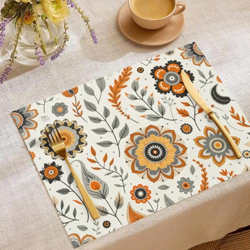 Blumen Ranken Tischsets Volkskunststil Waschbar Stoff Dekoration Tischsets Platzset Tischdekorations Digitaldruck Platzsets für Küche 45 x 30 cm 4 Stück von CAEITLRSO
