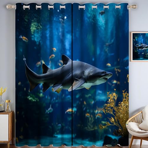 CAEITLRSO Aquariumhai Verdunkelungsvorhang - Blau Vorhang Blickdicht mit Ösen, Geräuschreduzierend Thermovorhang für Wohnzimmer Schlafzimmer, H 214 x B 91.5 cm (2er Pack) von CAEITLRSO