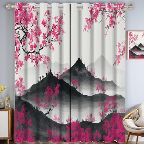 CAEITLRSO Berge Kirschblüten Verdunkelungsvorhang - Rosa Schwarz Vorhang Blickdicht mit Ösen, Tuschemalerei Geräuschreduzierend Thermovorhang für Wohnzimmer Schlafzimmer, H 245 x B 145 cm (2er Pack) CAEITLRSO Berge Kirschblüten Verdunkelungsvorhang - Rosa Schwarz Vorhang Blickdicht mit Ösen, Tuschemalerei Geräuschreduzierend Thermovorhang für Wohnzimmer Schlafzimmer, H 245 x B 145 cm (2er Pack) von CAEITLRSO