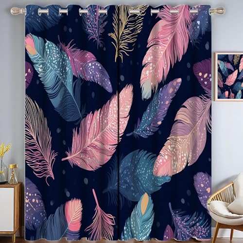 CAEITLRSO Bohemian Feder Verdunkelungsvorhang - Rosa Blau Vorhang Blickdicht mit Ösen, Elegant Sophisticated Geräuschreduzierend Thermovorhang für Wohnzimmer Schlafzimmer, H 215 x B 110 cm (2er Pack) von CAEITLRSO